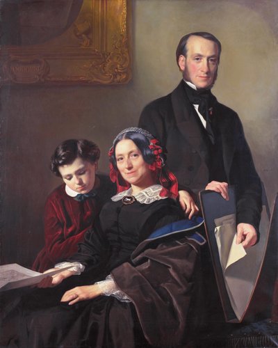 A J. Schmidt-Keiser, viúva do pintor Willem Hendrik Schmidt (1809-1809), professor de Jacob Spoel, com o seu irmão J. N. Keiser e o seu filho de dez anos de Jacob Spoel