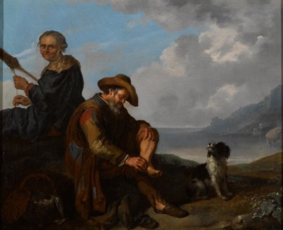 Uma paisagem costeira meridional com um par de figuras e um cão de Jacob Toorenvliet