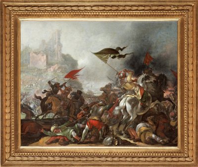 Batalha entre turcos e cristãos durante a captura de Constantinopla pelo exército otomano em 1453 - Pintura de Jacob Matthias Weyer (1620-1670), óleo sobre madeira (39x49 cm) - A Guerra Turca, Óleo sobre madeira de Jacob Matthias Weyer - Coleção Particular de Jacob Weyer