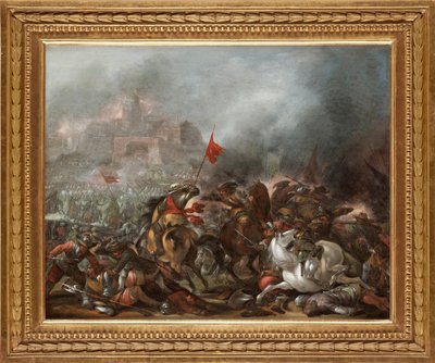 Batalha entre turcos e cristãos durante a captura de Constantinopla pelo exército otomano em 1453 - Pintura de Jacob Matthias Weyer (1620-1670), óleo sobre madeira (39x49 cm) - A Guerra Turca, Óleo sobre madeira de Jacob Matthias Weyer - Colecção Privada de Jacob Weyer