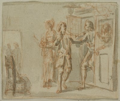 Ilustração literária: Dois homens e uma mulher no interior de Jacob Wilhelm Mechau