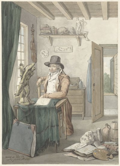 Retrato do artista Jacob Smies em um estúdio com objetos de arte de Jacob Willemz. de Vos