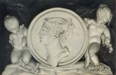 Flora em um roundel pintado apoiado por putti flutuando nas nuvens (par de 421581) de Jacob Xavery