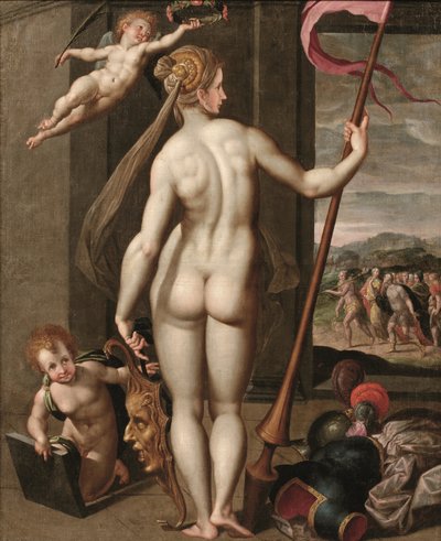 Minerva segurando uma lança enquanto é coroada com louros por um putto (óleo sobre tela) de Jacob de (studio of) Backer
