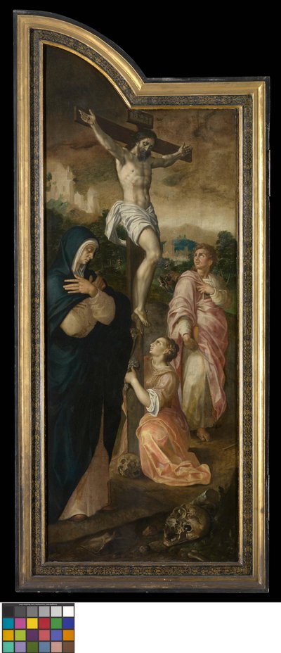 A crucificação (ala esquerda), A profecia da recuperação de Ezequias (painel central), O abade Jacob Delrio com o santo padroeiro (ala direita), A ressurreição de Lázaro (grisaille, verso das alas exteriores) de Jacob de Backer