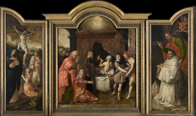 A Crucificação (ala esquerda), A Profecia da Recuperação de Ezequias (painel central), Abade Jacobus Delrio com o Santo Padroeiro (ala direita) (óleo sobre painel) de Jacob de Backer
