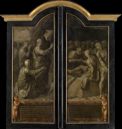 A Elevação de Lázaro (painéis exteriores fechados) (óleo sobre painel) de Jacob de Backer
