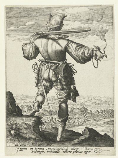 Mosqueteiro (arquebusier?) com capacete Oficiais e Soldados (título da série) de Jacob de Gheyn (II)