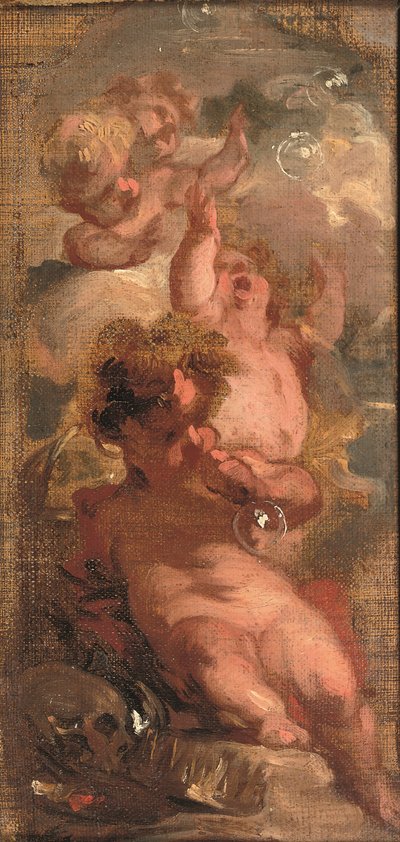 Uma alegoria de Vanitas: Quatro bolhas soprando putti, uma caveira, uma paleta de artista e uma coroa nas proximidades (óleo sobre tela colocado no painel) de Jacob de Wit