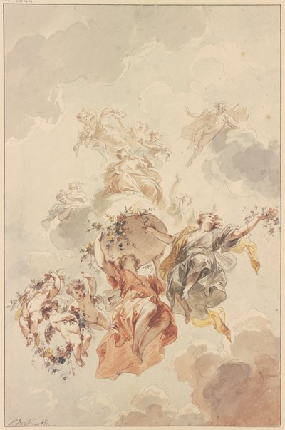 Génios e cupidos agrupados em torno de um cesto de flores que ascende ao céu de Jacob de Wit