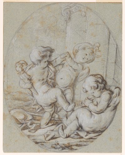 Três Putti: Design para uma pintura Grisaille de Jacob de Wit