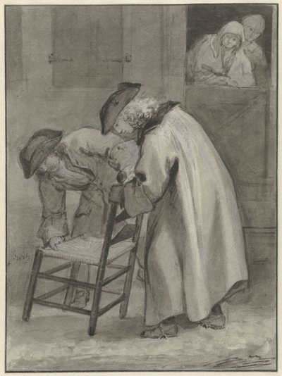 Dois homens com pontos em vista uma cadeira de tapete de Jacob de Wit