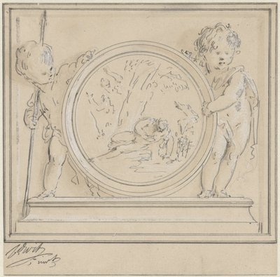 Dois putti com medalhão, em que Narciso e Eco de Jacob de Wit