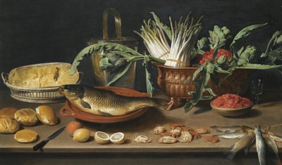 Natureza-morta com um peixe num prato de terracota, cachos de espargos, alcachofras e cerejas num prato recortado, juntamente com meio queijo num cesto, pãezinhos, fraises de bois, limões, laranjas e caranguejos, tudo disposto sobre uma mesa de Jacob Van Es