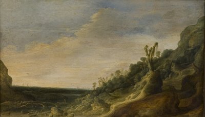 Cenário de montanha com vista para o rio e o mar de Jacob van Geel