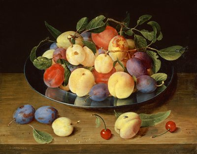 Ameixas e pêssegos em uma placa de estanho (óleo) de Jacob van Hulsdonck