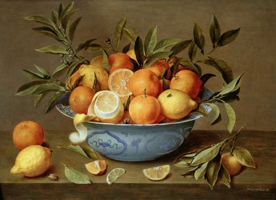 Ainda vida com laranjas e limões em um prato de porcelana Wan-Li de Jacob van Hulsdonck