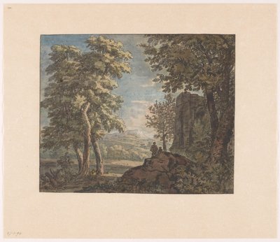 Paisagem Arcadian com ruínas antigas e dois homens de Jacob van Liender