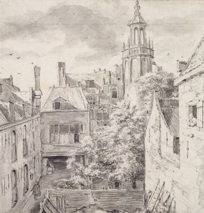 Vista do pátio da casa dos arqueiros do St. Sebastian Guild no Singel em Amsterdã (lápis e lavagem no papel) de Jacob van Ruisdael