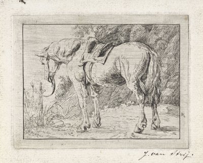Cavalo selado amarrado a um poste de Jacob van Strij