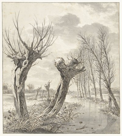 Paisagem de Inverno com salgueiros ao longo de uma vala congelada de Jacob van Strij