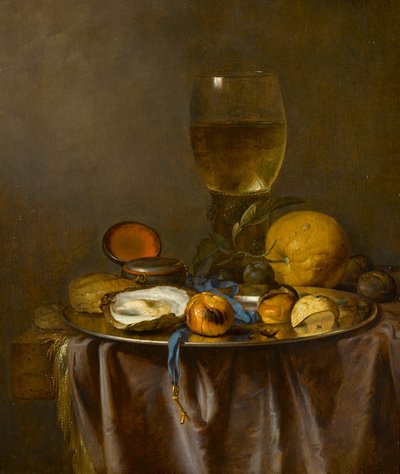 Natureza morta com um roemer, um relógio, uma ostra e frutos de Jacob van Walscapelle