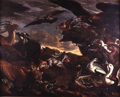 A Batalha das Aves e das Bestas (óleo sobre tela) de Jacob van der Kerckhoven