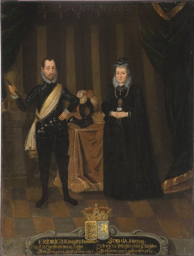 Rei Frederick II da Dinamarca e Noruega e Sophie de Mecklenburg Gustrow - Rei Frederick II da Dinamarca (1534-1588) e Rainha Sophie da Dinamarca (1557-1631), por Van Doordt, Jacob, depois de (?-1629). Óleo sobre tela. Dimensão: 101x79 cm. Estoque Nationalm de Jacob van der (fl.1610 29) Doordt
