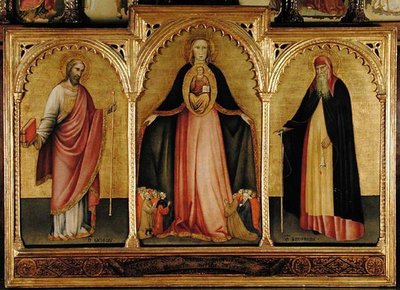 Virgem e Criança com São Tiago o Grande e Santo António (tempera no painel) de Jacobello del Fiore