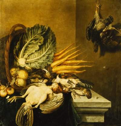 Uma cesta virada de aves, nabos, maçãs, cebolas e repolho em uma borda coberta com um pano verde, de Jacobus Biltius