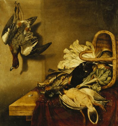 Uma cesta virada de aves, uma lebre, uma alcachofra e alface em uma borda coberta com um pano vermelho, de Jacobus Biltius
