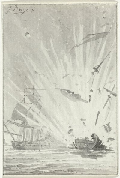 Explosão do navio corsário holandês The Brave Patriot em batalha com o navio inglês Chameleon, 14 de Agosto de 1781 de Jacobus Buys