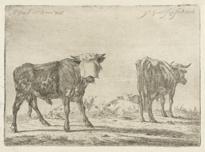 Touro de olhos vendados perto do rebanho de gado de Jacobus Cornelis Gaal