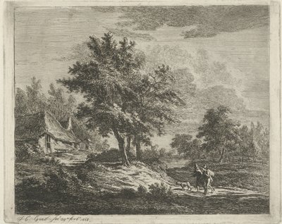 Paisagem com caminhantes perto de três árvores de Jacobus Cornelis Gaal