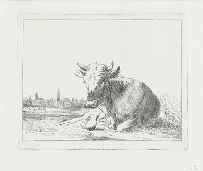Vaca reclinada, ao fundo uma cidade de Jacobus Cornelis Gaal
