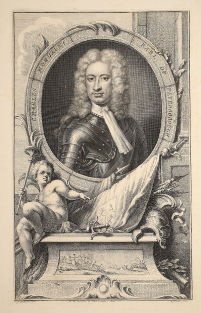 Retrato de Charles Mordaunt, conde de Peterborough, ilustração "das cabeças de pessoas ilustres de Grâ Bretanha", bar. de Knapton, Londres, 1742 de Jacobus Houbraken