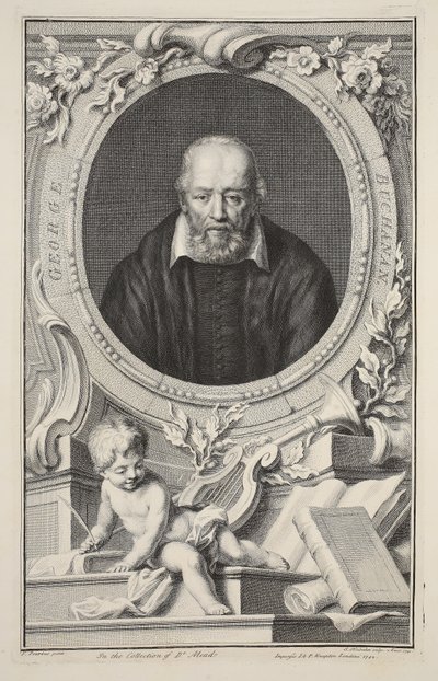Retrato de George Buchanan, após Frans Pourbus, ilustração "das cabeças de pessoas ilustres de Grâ Bretanha", bar. de Knapton, Londres, 1742 de Jacobus Houbraken