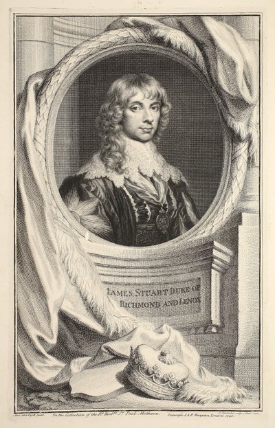 Retrato de James Stuart, duque de Richmond e Lennox, ilustração de &39;cabeças de Ilustre pessoas da Grã-Bretanha&39;, pub. de Knapton, Londres, 1742 de Jacobus Houbraken