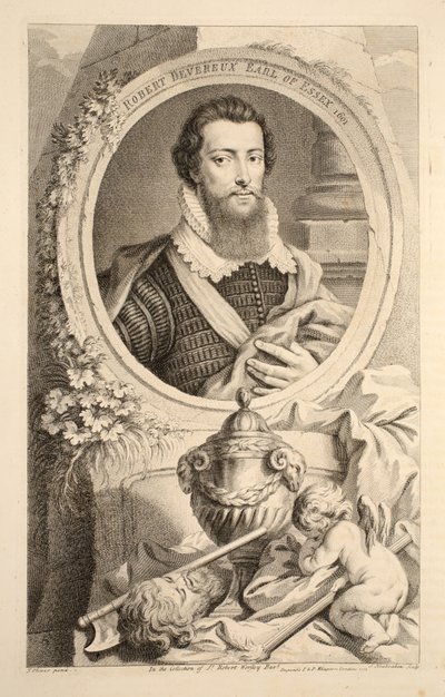 Retrato de Robert Devereux, conde de Essex, 1601, ilustração de &39;cabeças de ilustres pessoas da Grã-Bretanha&39;, pub. de Knapton, Londres, 1742 de Jacobus Houbraken