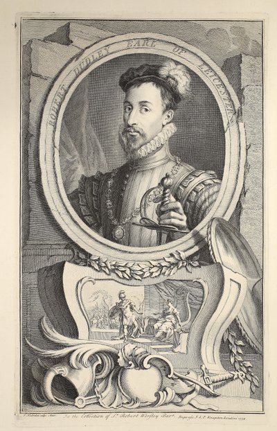 Retrato de Robert Dudley, conde de Leicester, ilustração "das cabeças de pessoas ilustres de Grâ Bretanha", bar. de Knapton, Londres, 1742 de Jacobus Houbraken