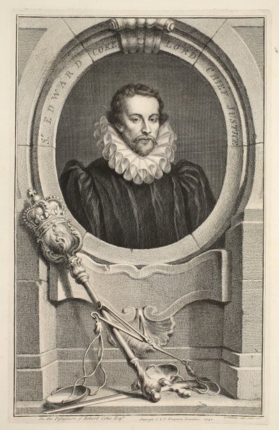 Retrato de Sir Edward Coke, senhor Chefe da Justiça, ilustração de &39;cabeças de Ilustre pessoas da Grã-Bretanha&39;, pub. de Knapton, Londres, 1742 de Jacobus Houbraken