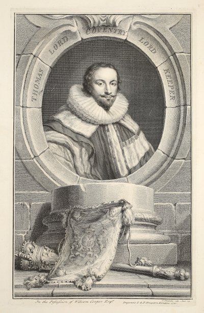 Retrato de Thomas, Lord Coventry, ilustração de &39;cabeças de Ilustre pessoas da Grã-Bretanha&39;, pub. de Knapton, Londres, 1742 de Jacobus Houbraken