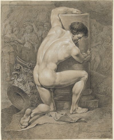 Ajoelhado nu masculino, braços para a direita em torno de uma coluna de Jacobus Johannes Lauwers