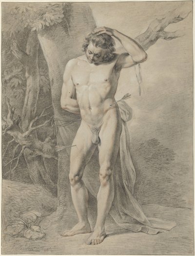 Nu masculino em pé, em frente a uma árvore de Jacobus Johannes Lauwers