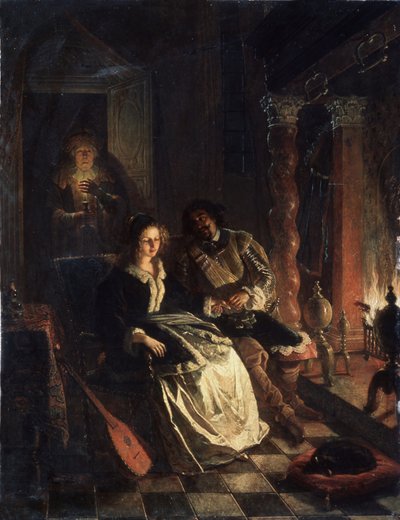"A cena da sedução" (Rendezvous), uma jovem rapariga cortejada por um cavalheiro que declara o seu amor por ela junto ao fogo. Pintura de Jacob Joseph Eckhout (1793-1861) 1852 Museu Estatal de Arte da República Belorussa, Minsk, Bielorrússia de Jacobus Josephus Eeckhout