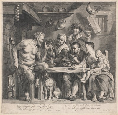 Um sátiro visitando uma família camponesa de Jacobus Neeffs, after Jacob Jordaens