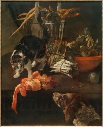 Peça de cozinha com cão e gato de Jacobus Victors