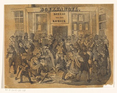 Multidão na frente de uma livraria para pegar De Komiek de Jacobus Wilhelmus Adrianus Hilverdink (possibly)