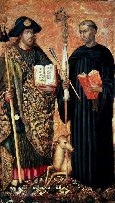 São Tiago de Compostela representado em pelerin com o bastão, chapéu e concha. e São Gilles o eremita (século VII), c.1450 (tempera e óleo sobre painel) de Jacomart (c.1413-61) Baco