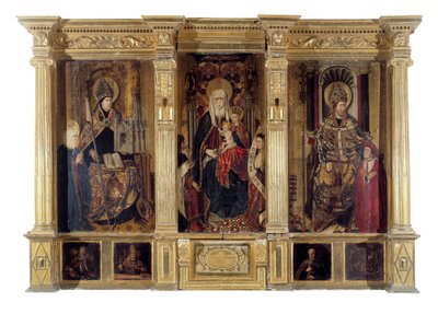 O retábulo de Santo Ildefonso (falecido em 667, bispo de Tolede) e Santo Agostinho de Hipona (c. 354-430, filósofo e escritor berbere). Pintura de Jaume Baco dit Jacomart (1410-1461). Óleo sobre madeira, cerca de 1450, arte renascentista. Cathedrale Sainte de Jacomart (c.1413-61) Baco